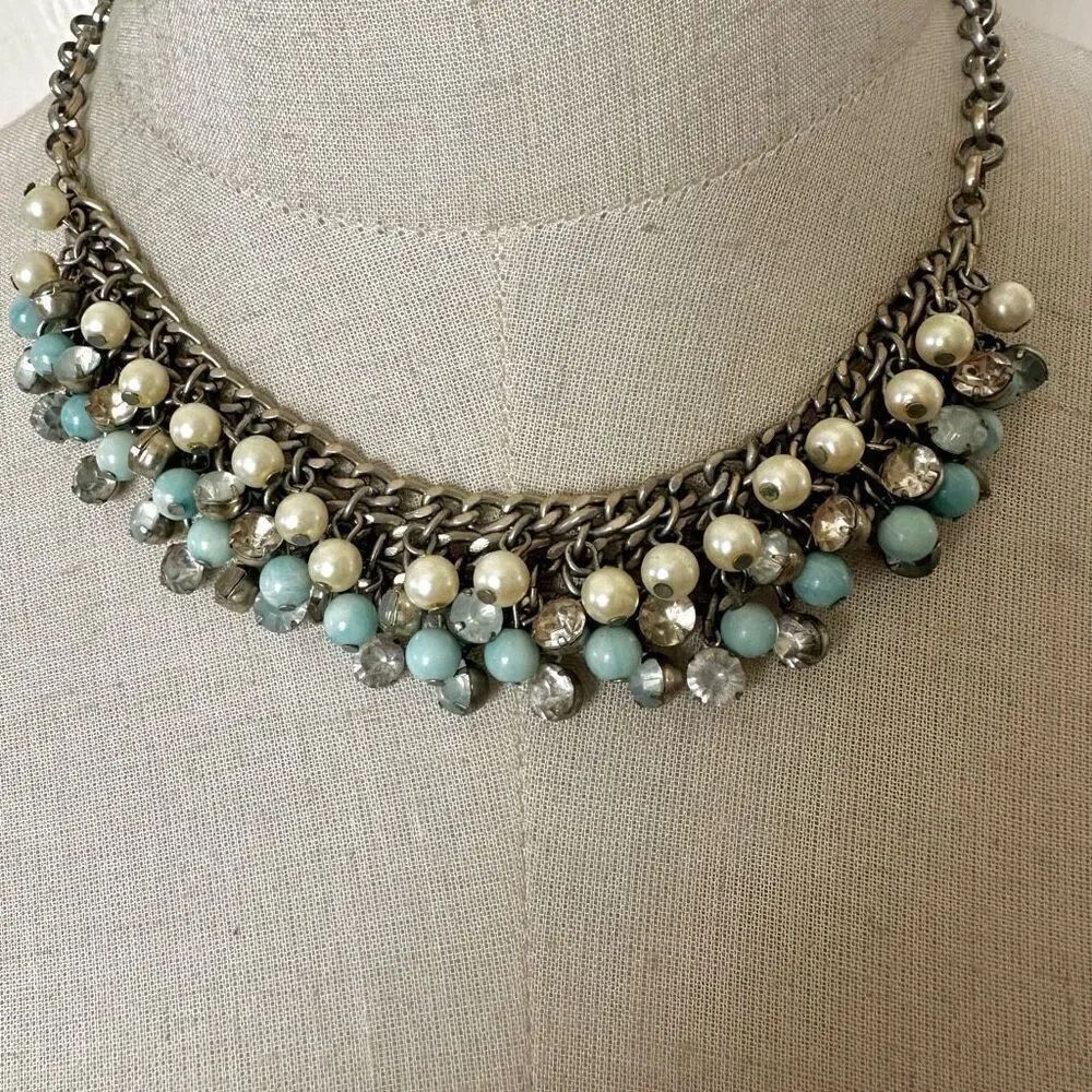 Lydell NYC blue faux pearl rhinestone cluster beaded bib necklace